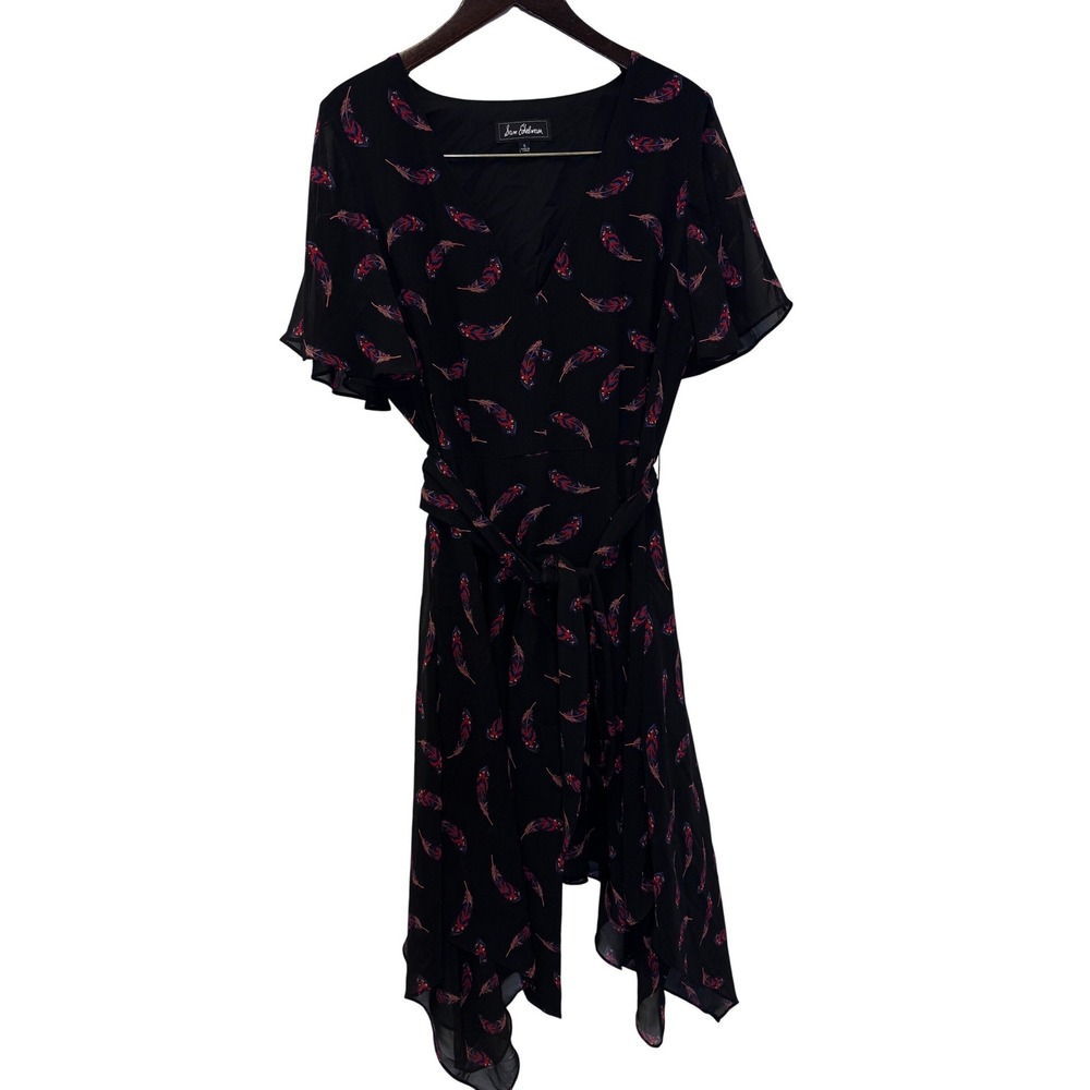 Sam Edelman Feather Print Handkerchief Hem Dress Black Red Blue V-Neck Size‎ 6